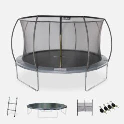 Trampoline Rond 430cm Gris Avec Filet De Protection Intérieur Et Accessoires -